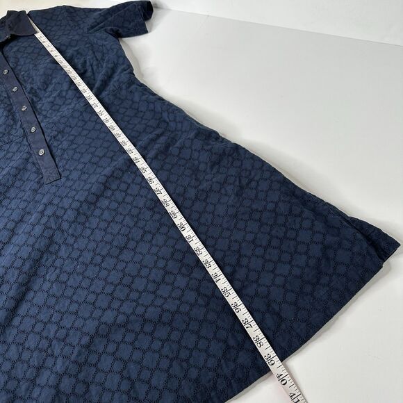 Lands End Eyelet Popover Dress Sz 14 Navy Blue Midi Vacation Career Pockets - Picture 12 of 15